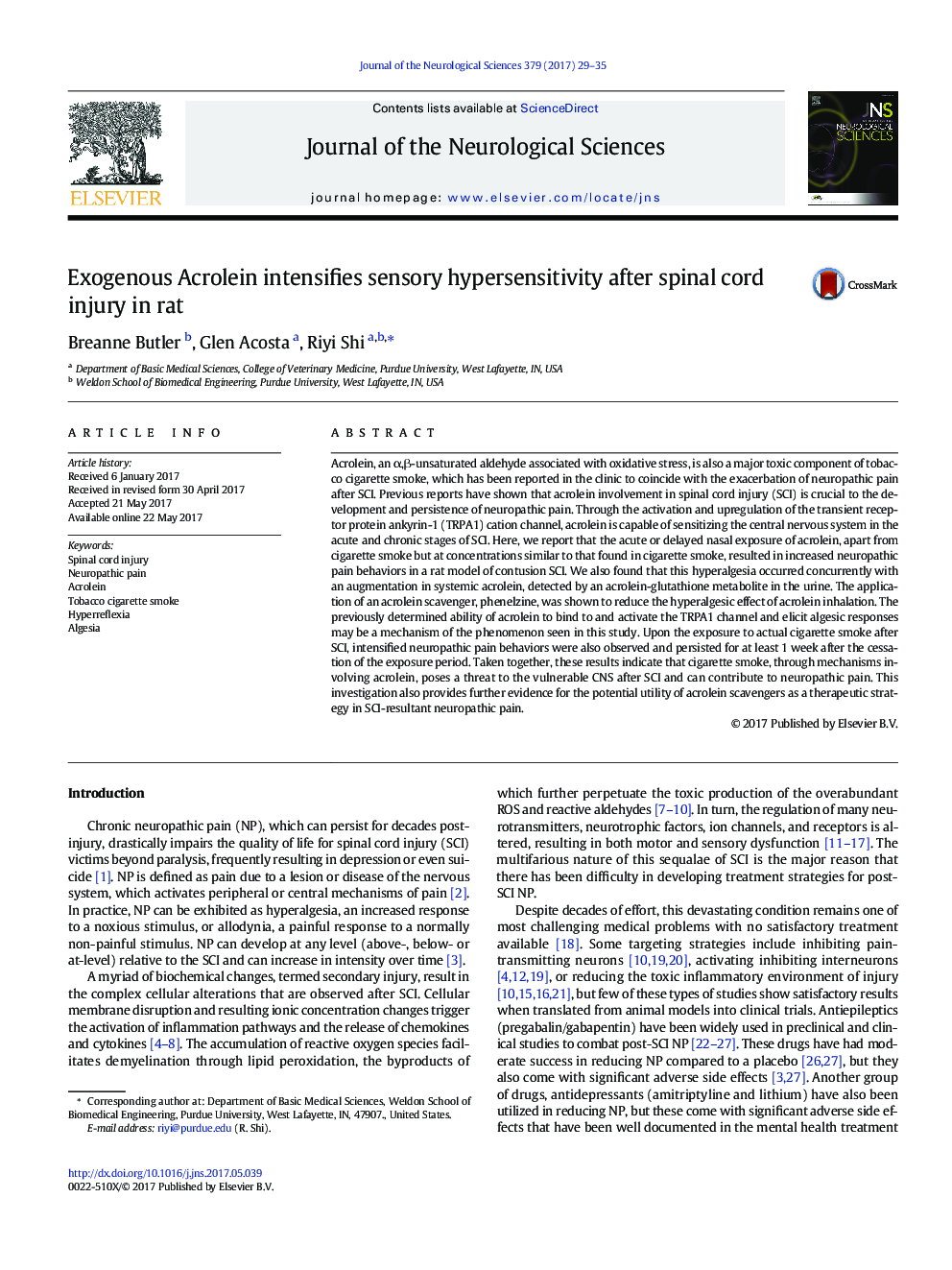 Exogenous Acrolein intensifies sensory hypersensitivity after spinal cord injury in rat