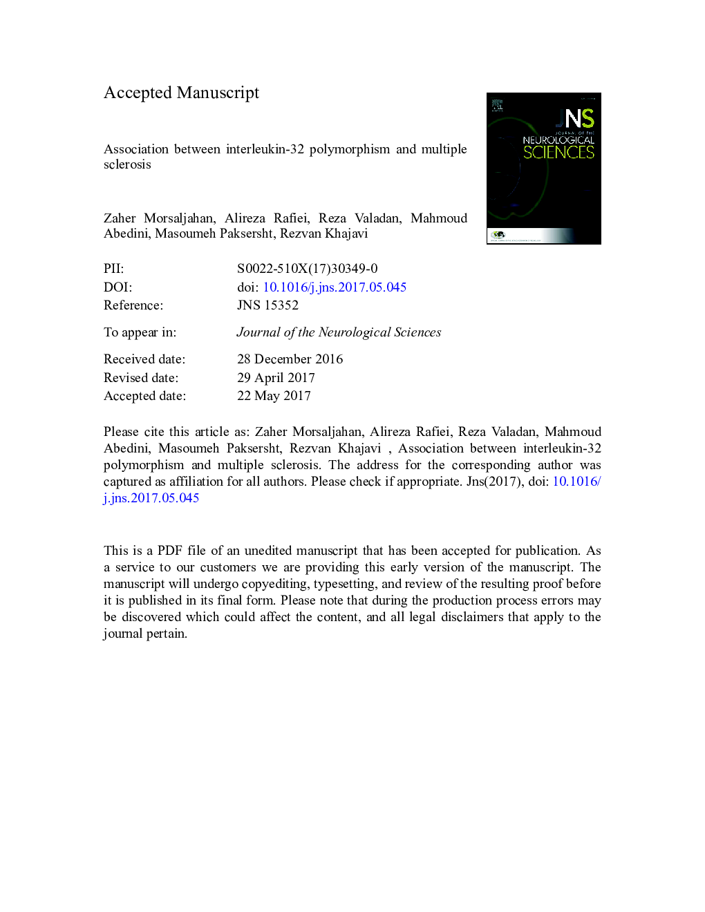 Association between interleukin-32 polymorphism and multiple sclerosis