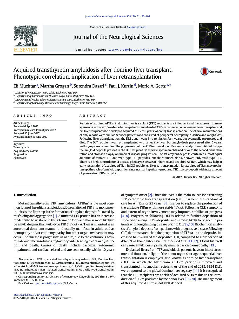 Acquired transthyretin amyloidosis after domino liver transplant: Phenotypic correlation, implication of liver retransplantation