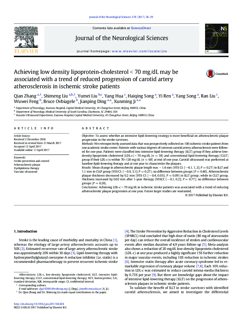 Achieving low density lipoprotein-cholesterolÂ <Â 70Â mg/dL may be associated with a trend of reduced progression of carotid artery atherosclerosis in ischemic stroke patients