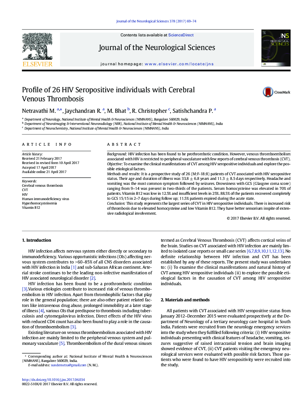 Profile of 26 HIV Seropositive individuals with Cerebral Venous Thrombosis