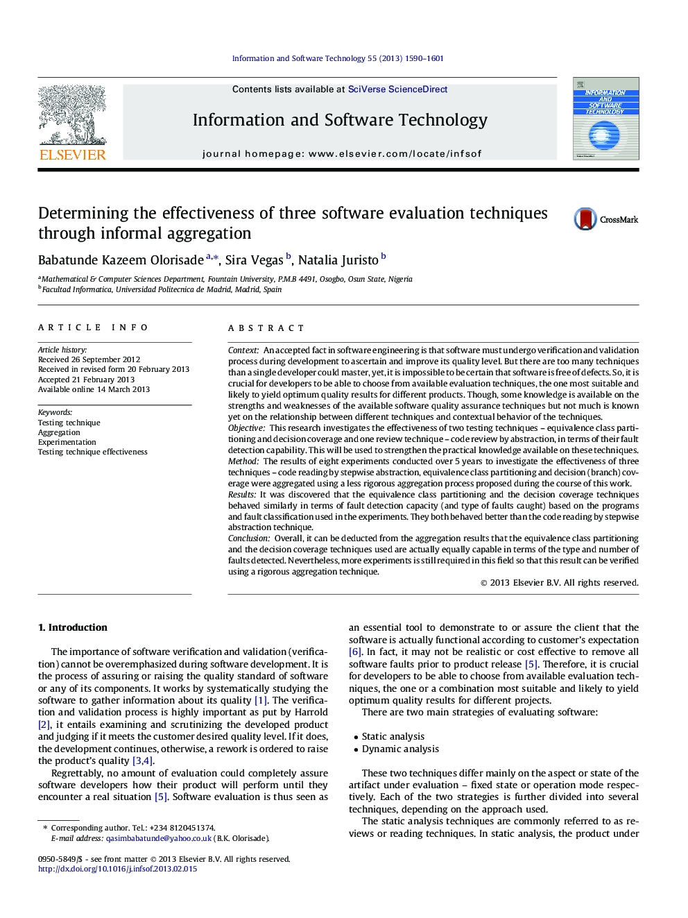 Determining the effectiveness of three software evaluation techniques through informal aggregation