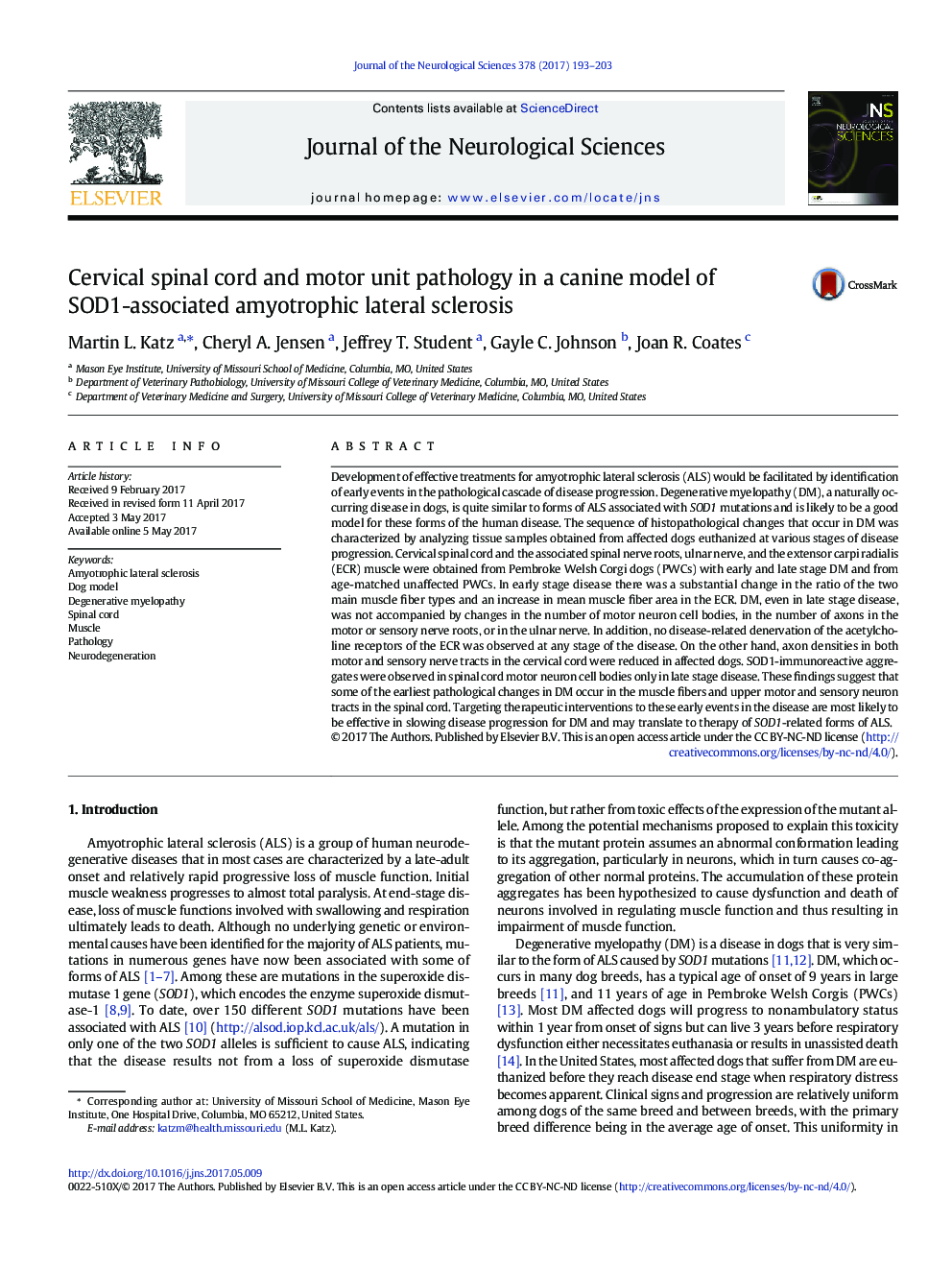 Cervical spinal cord and motor unit pathology in a canine model of SOD1-associated amyotrophic lateral sclerosis