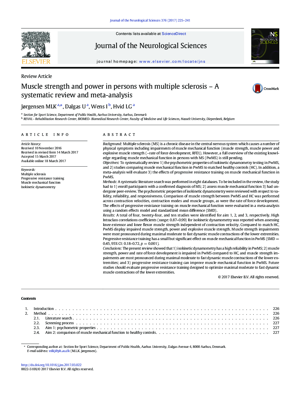 Muscle strength and power in persons with multiple sclerosis - A systematic review and meta-analysis