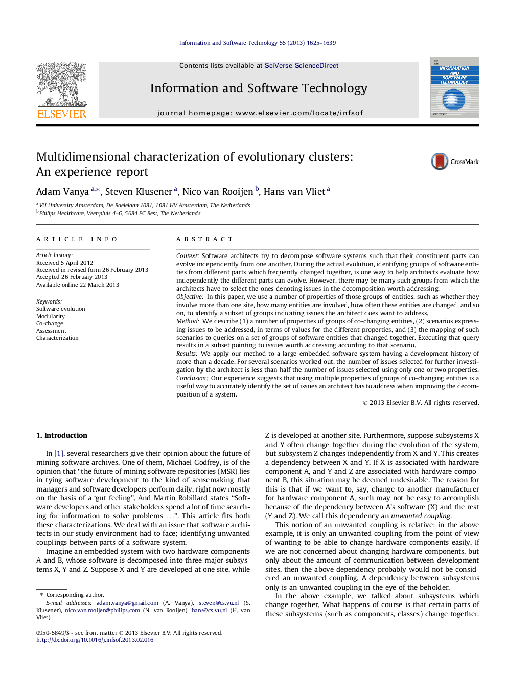 Multidimensional characterization of evolutionary clusters: An experience report