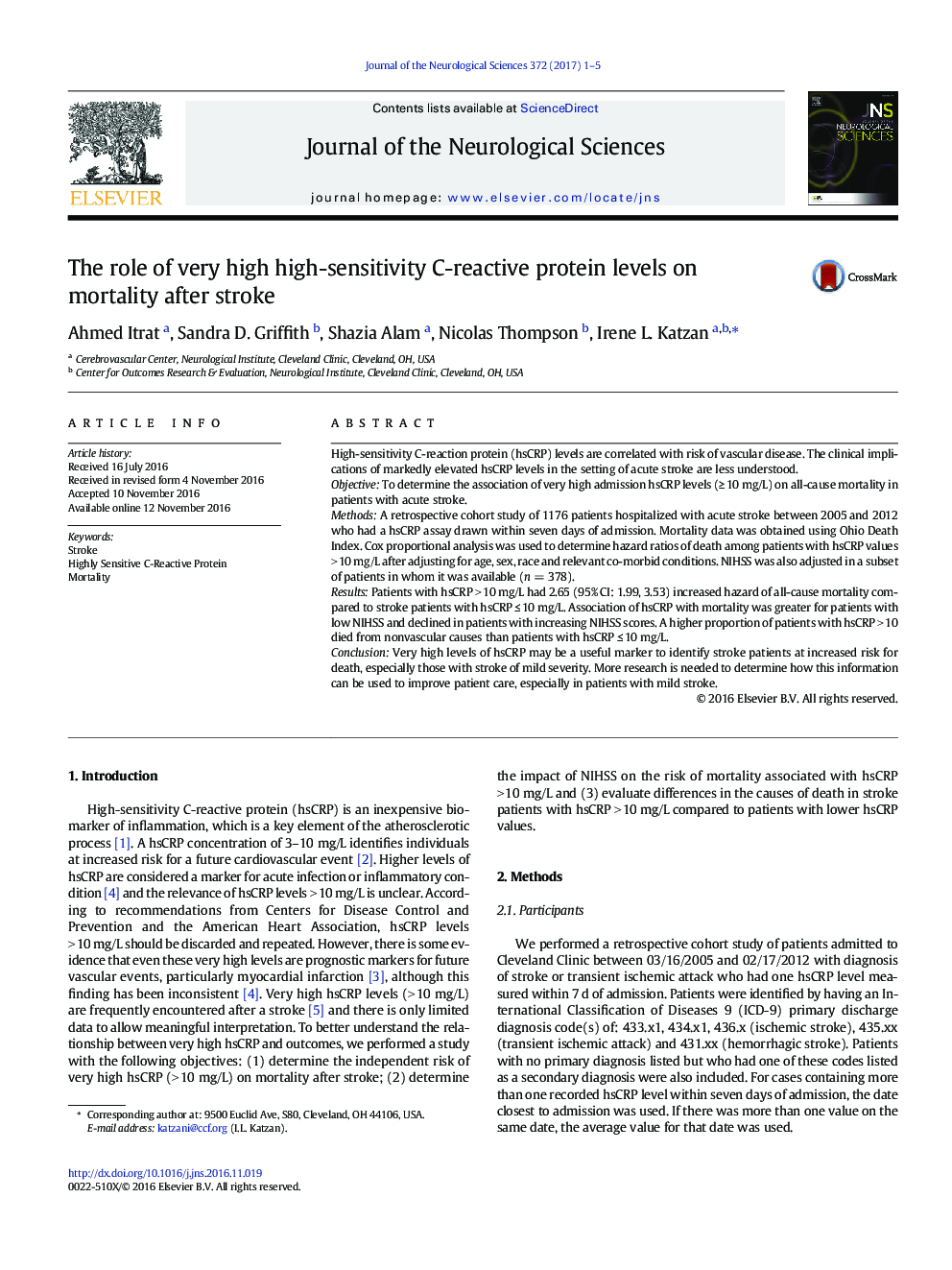 The role of very high high-sensitivity C-reactive protein levels on mortality after stroke