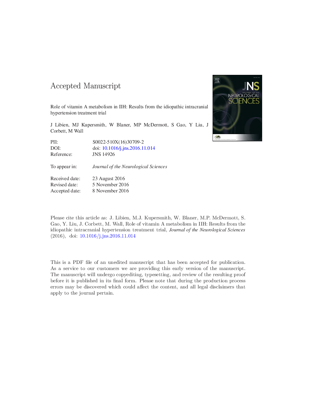 Role of vitamin A metabolism in IIH: Results from the idiopathic intracranial hypertension treatment trial