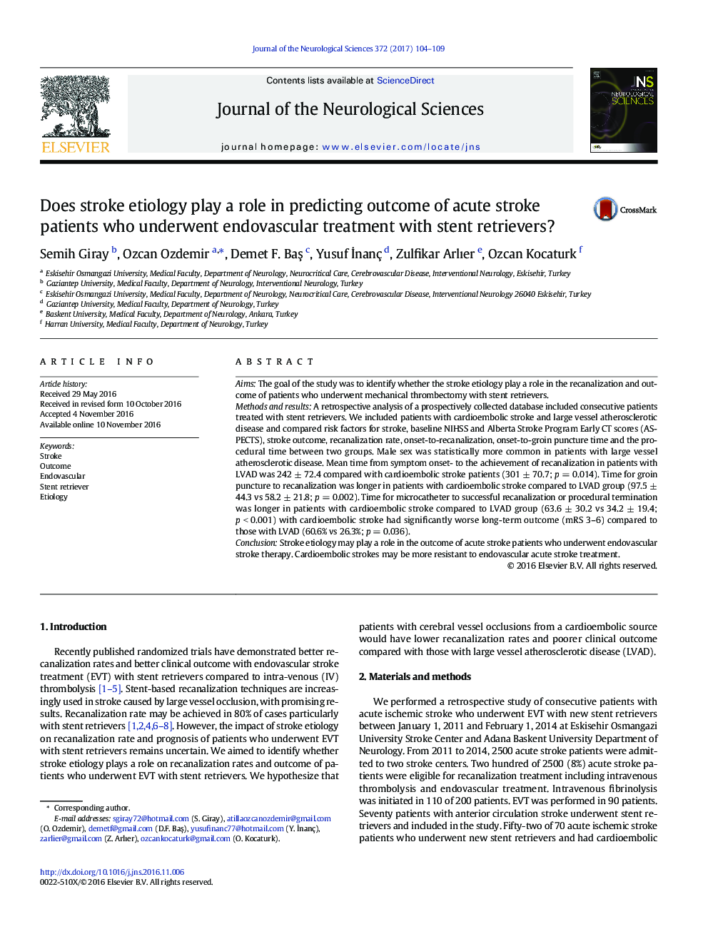 Does stroke etiology play a role in predicting outcome of acute stroke patients who underwent endovascular treatment with stent retrievers?