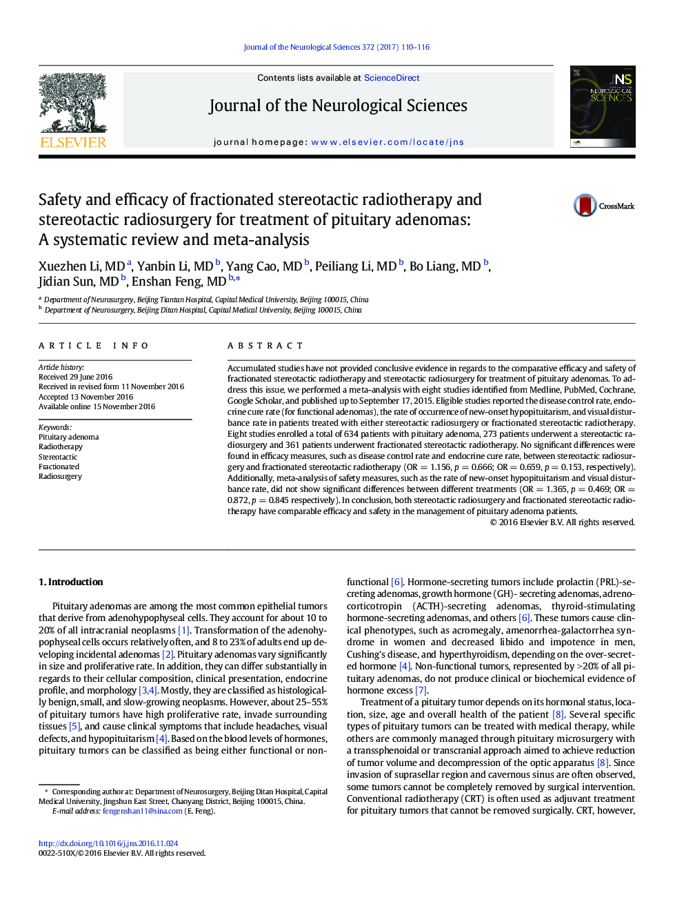 Safety and efficacy of fractionated stereotactic radiotherapy and stereotactic radiosurgery for treatment of pituitary adenomas: A systematic review and meta-analysis