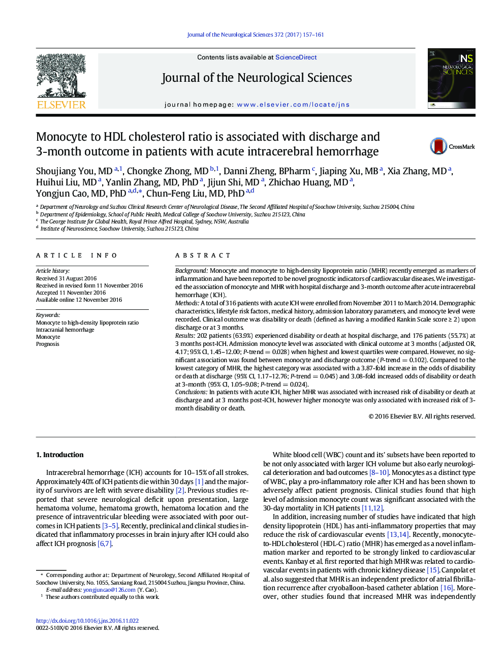 Monocyte to HDL cholesterol ratio is associated with discharge and 3-month outcome in patients with acute intracerebral hemorrhage