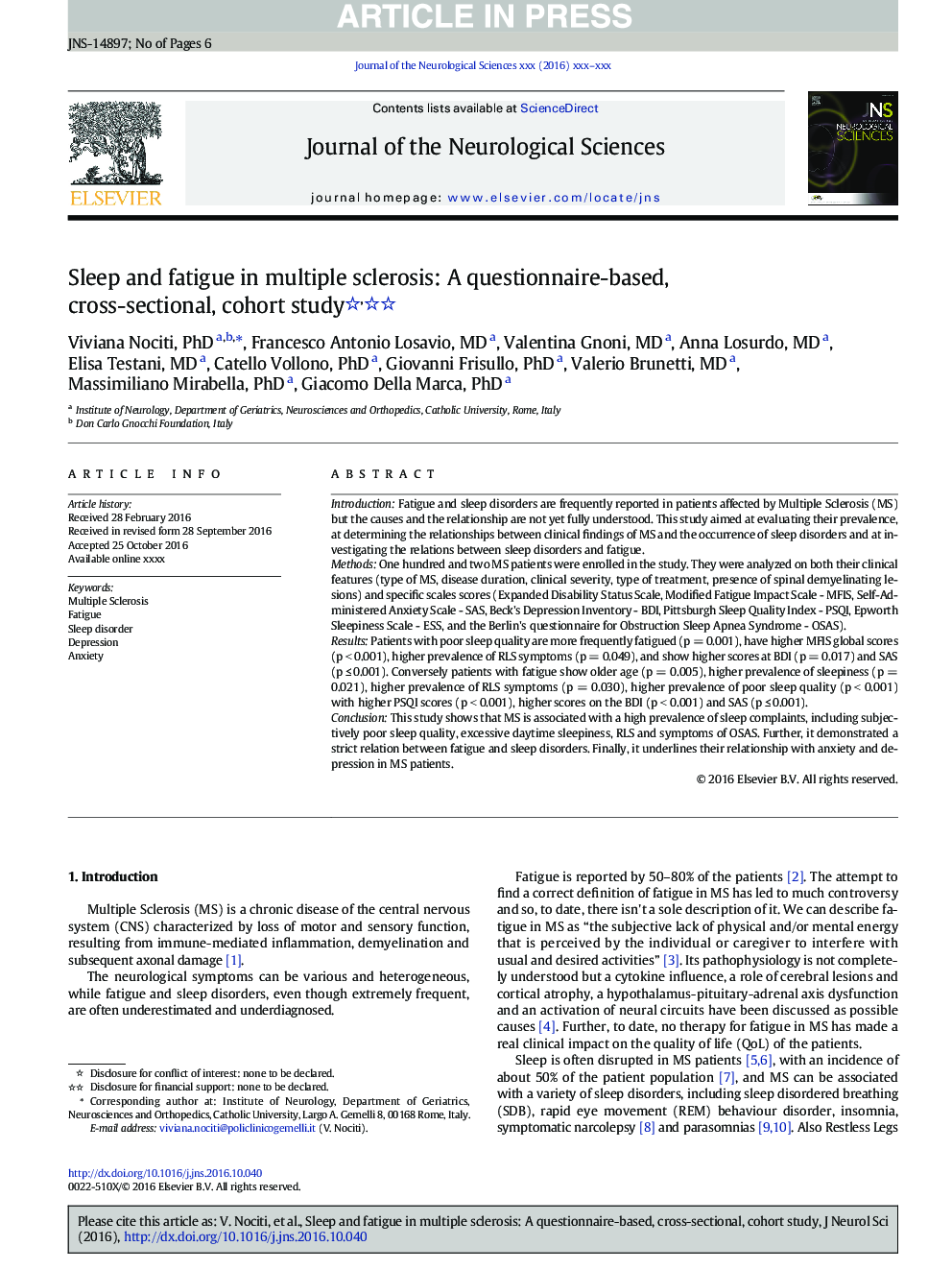 Sleep and fatigue in multiple sclerosis: A questionnaire-based, cross-sectional, cohort study