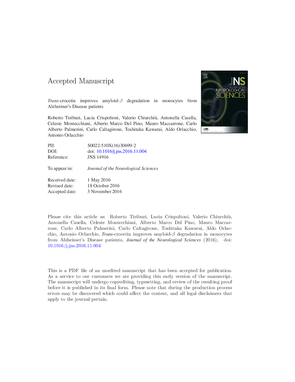 Trans-crocetin improves amyloid-Î² degradation in monocytes from Alzheimer's Disease patients