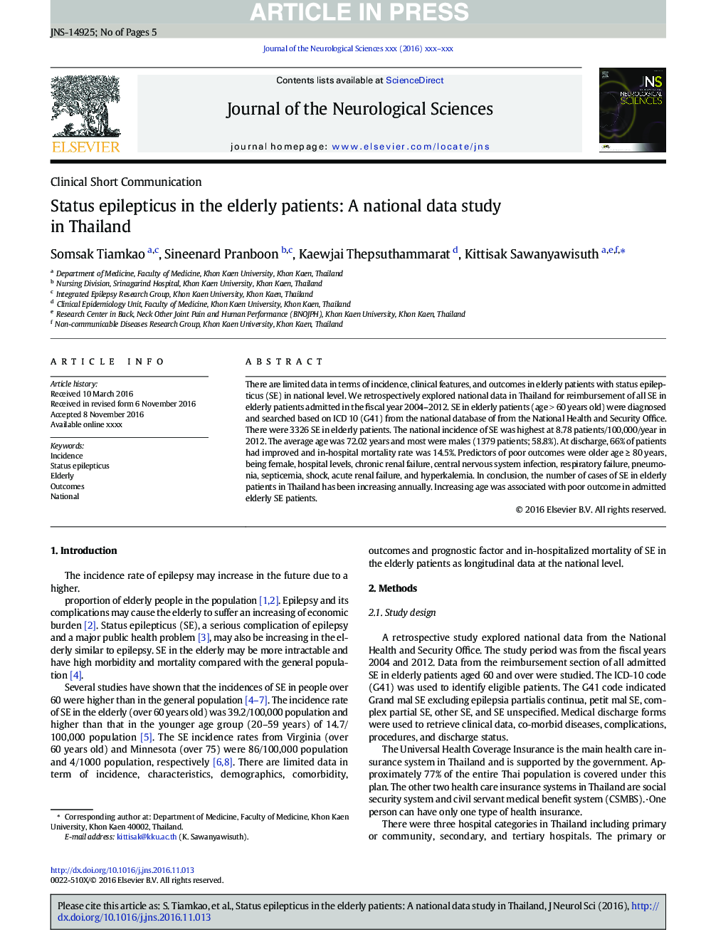 Status epilepticus in the elderly patients: A national data study in Thailand