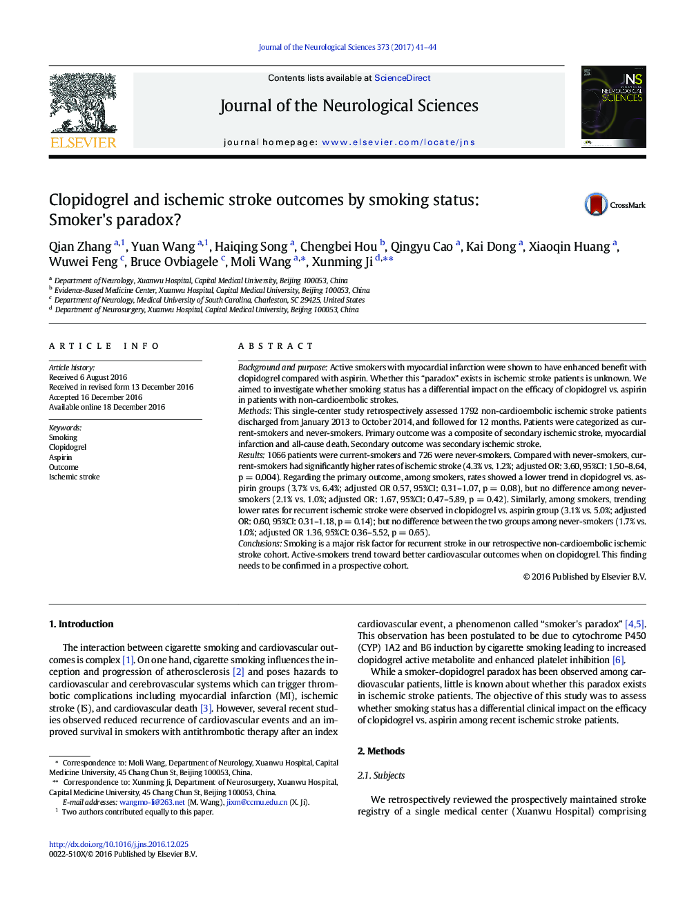 Clopidogrel and ischemic stroke outcomes by smoking status: Smoker's paradox?