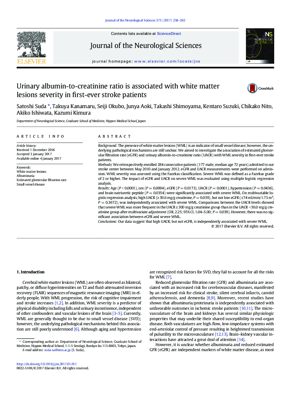 Urinary albumin-to-creatinine ratio is associated with white matter lesions severity in first-ever stroke patients