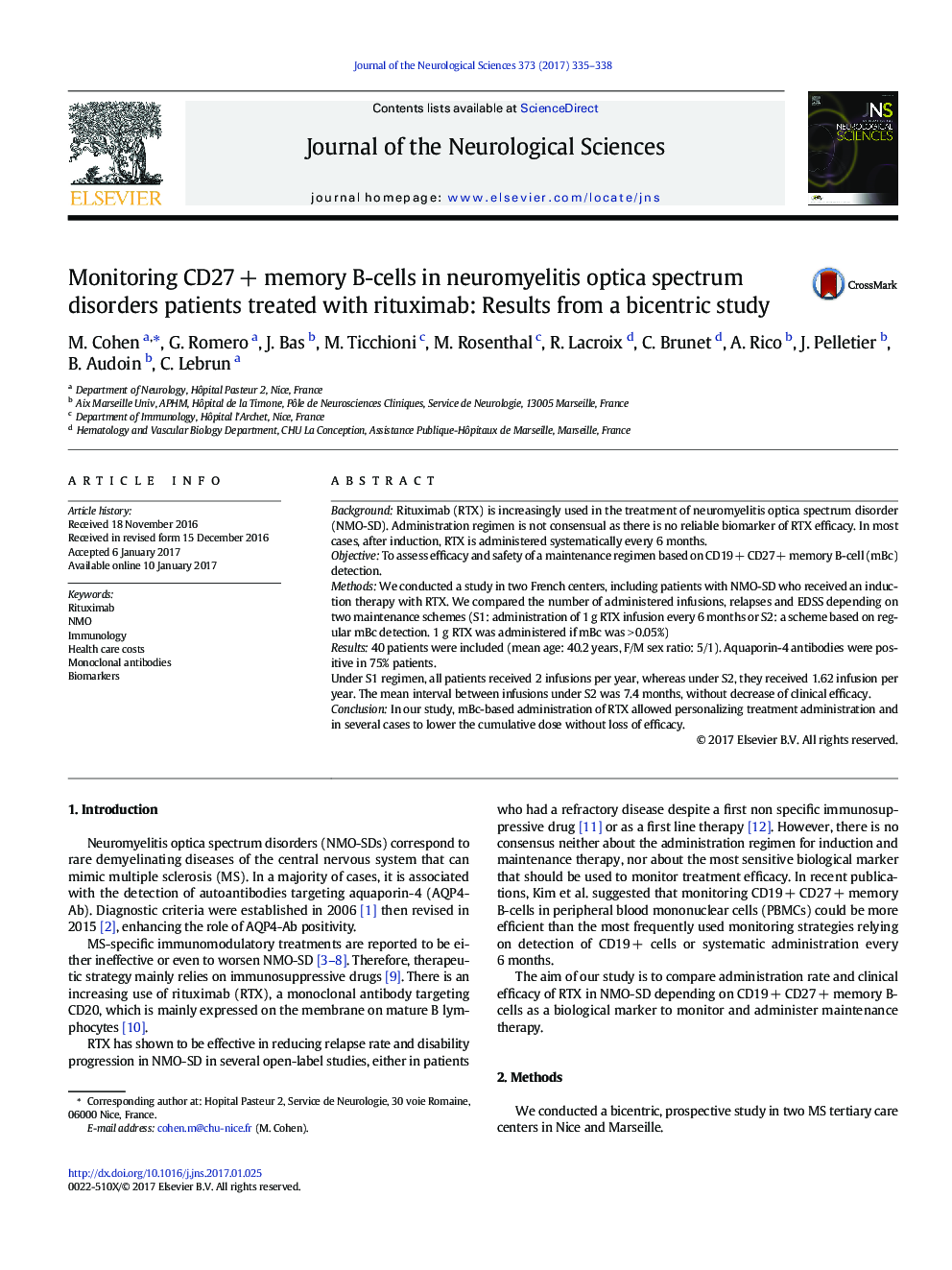 Monitoring CD27Â + memory B-cells in neuromyelitis optica spectrum disorders patients treated with rituximab: Results from a bicentric study