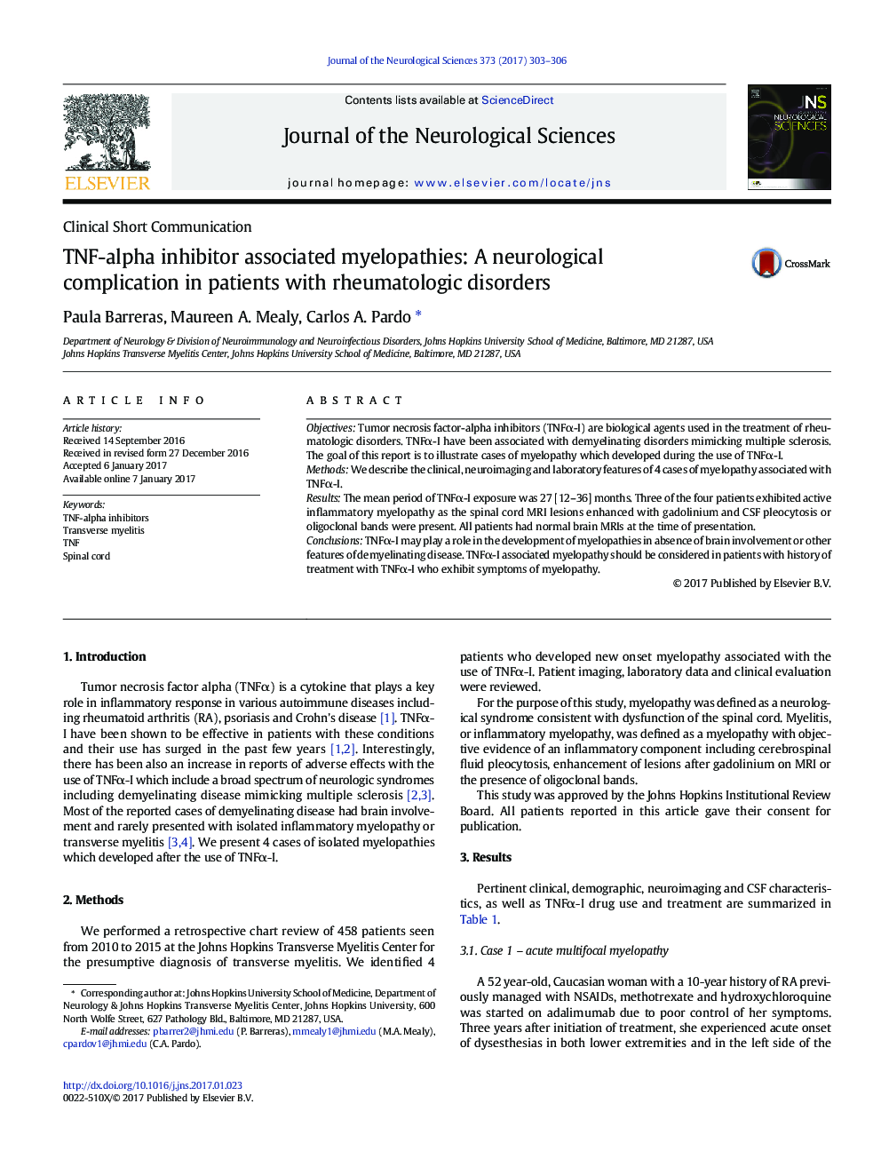 TNF-alpha inhibitor associated myelopathies: A neurological complication in patients with rheumatologic disorders