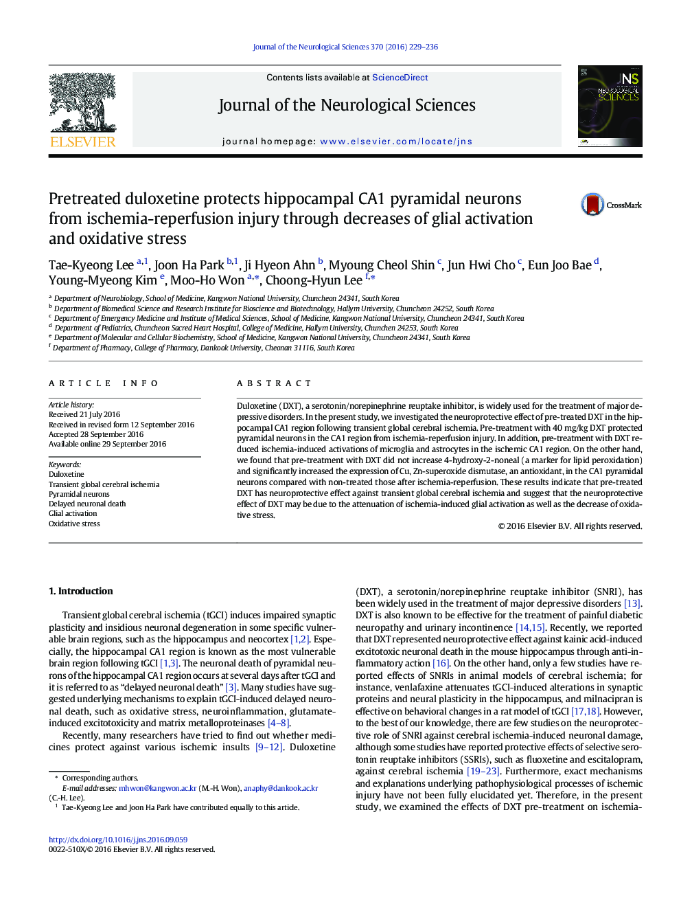 Pretreated duloxetine protects hippocampal CA1 pyramidal neurons from ischemia-reperfusion injury through decreases of glial activation and oxidative stress