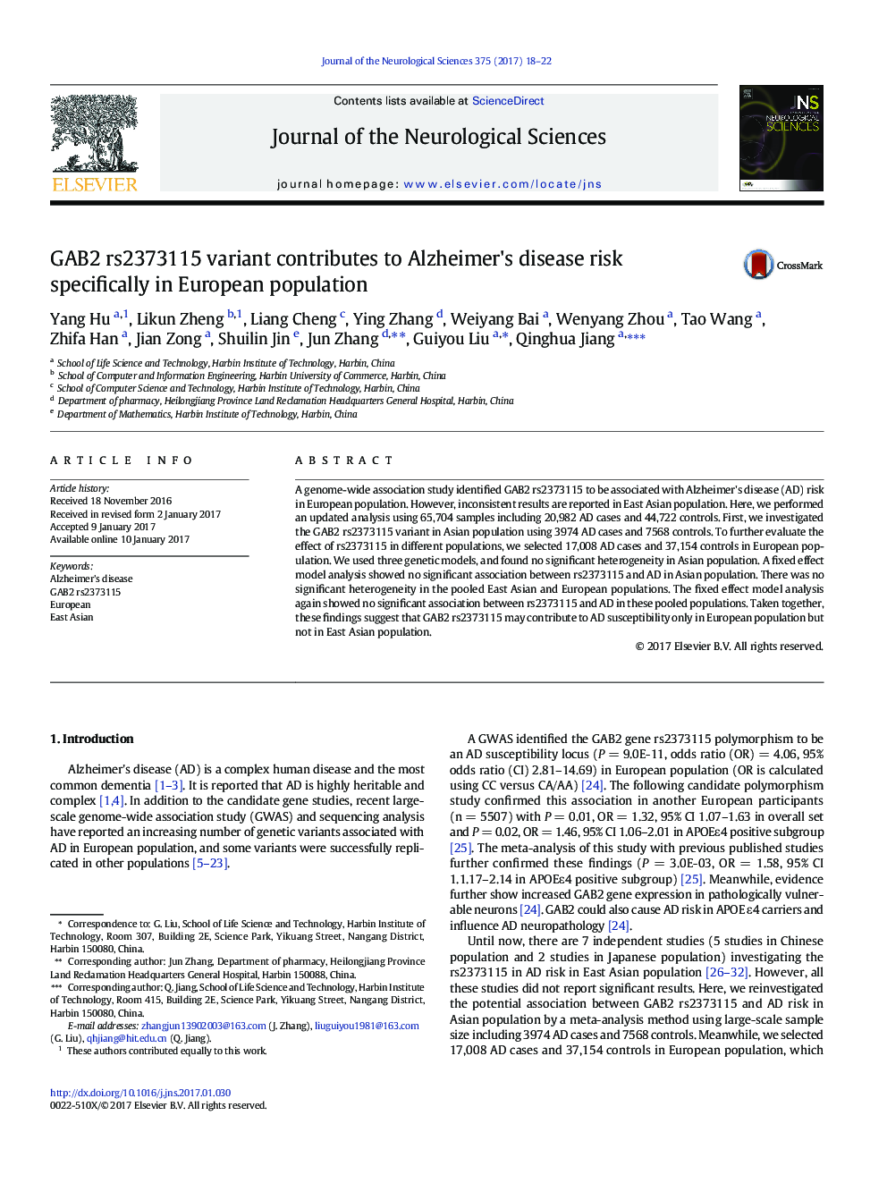 GAB2 rs2373115 variant contributes to Alzheimer's disease risk specifically in European population