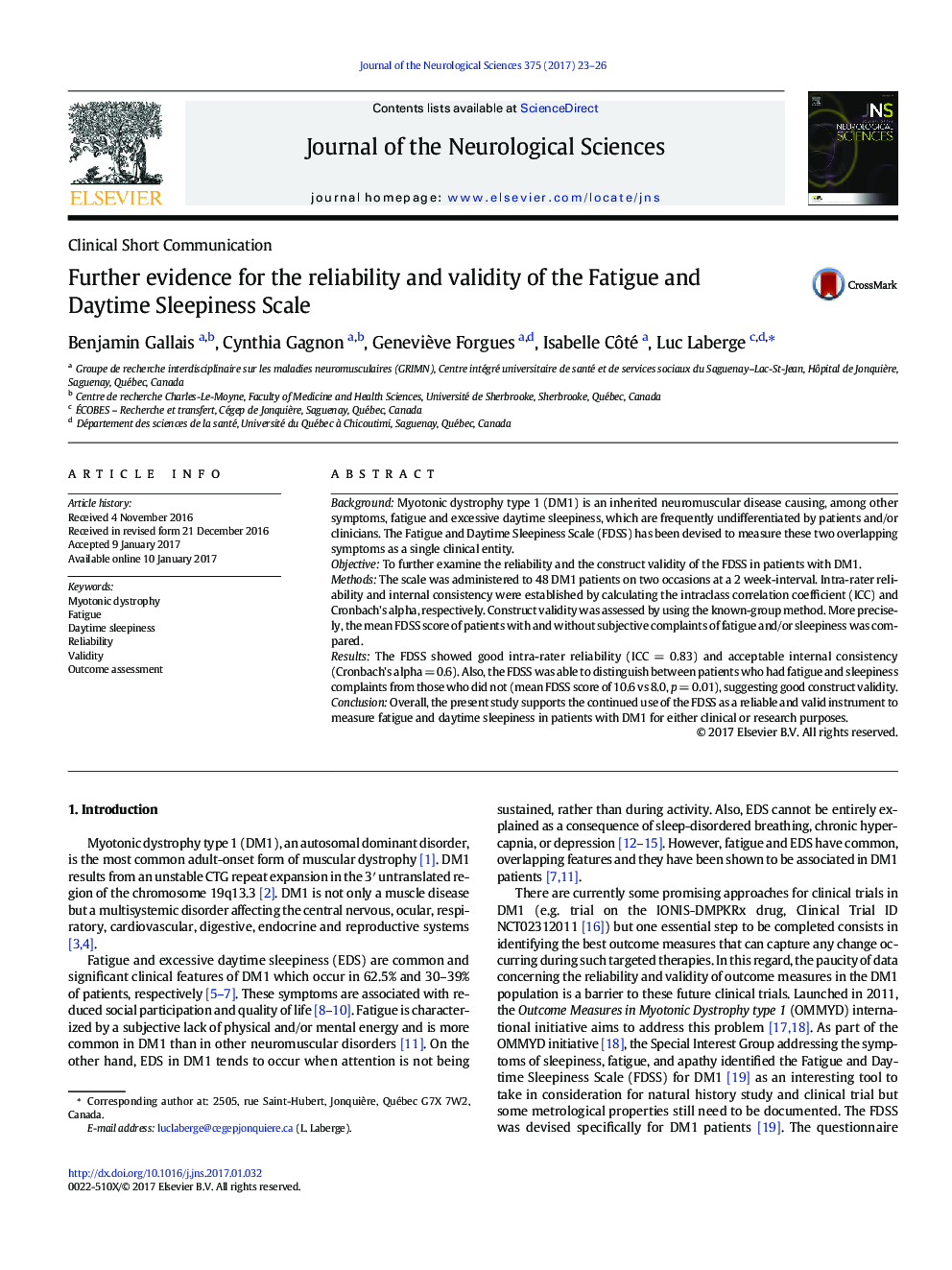 Clinical Short CommunicationFurther evidence for the reliability and validity of the Fatigue and Daytime Sleepiness Scale