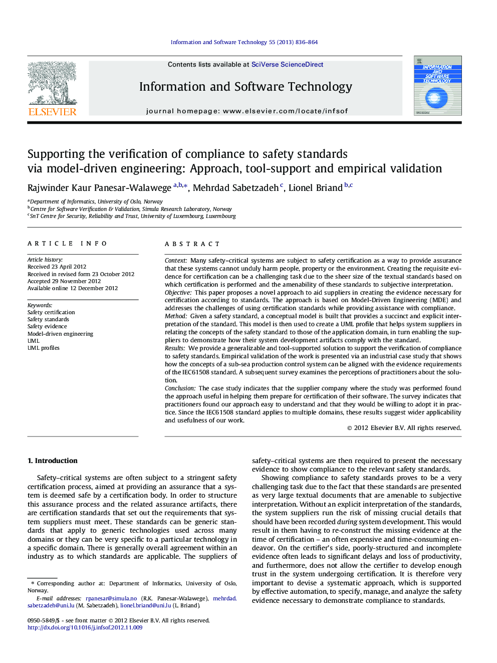 Supporting the verification of compliance to safety standards via model-driven engineering: Approach, tool-support and empirical validation