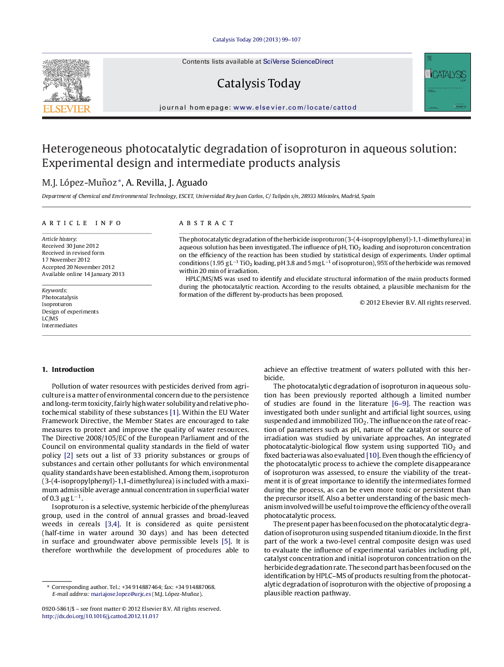 Heterogeneous photocatalytic degradation of isoproturon in aqueous solution: Experimental design and intermediate products analysis