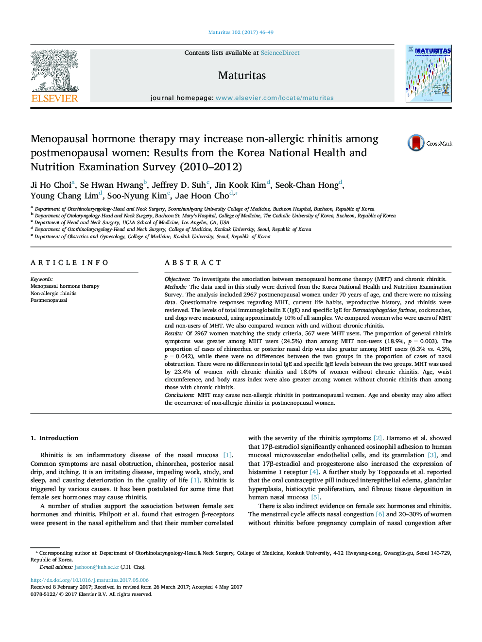 Menopausal hormone therapy may increase non-allergic rhinitis among postmenopausal women: Results from the Korea National Health and Nutrition Examination Survey (2010-2012)