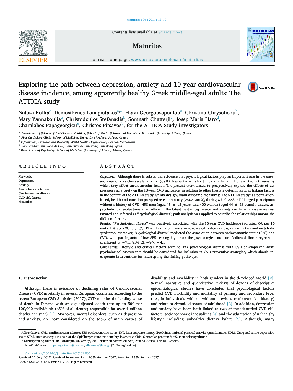 Exploring the path between depression, anxiety and 10-year cardiovascular disease incidence, among apparently healthy Greek middle-aged adults: The ATTICA study