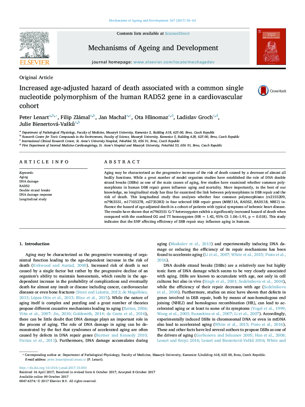 Increased age-adjusted hazard of death associated with a common single nucleotide polymorphism of the human RAD52 gene in a cardiovascular cohort