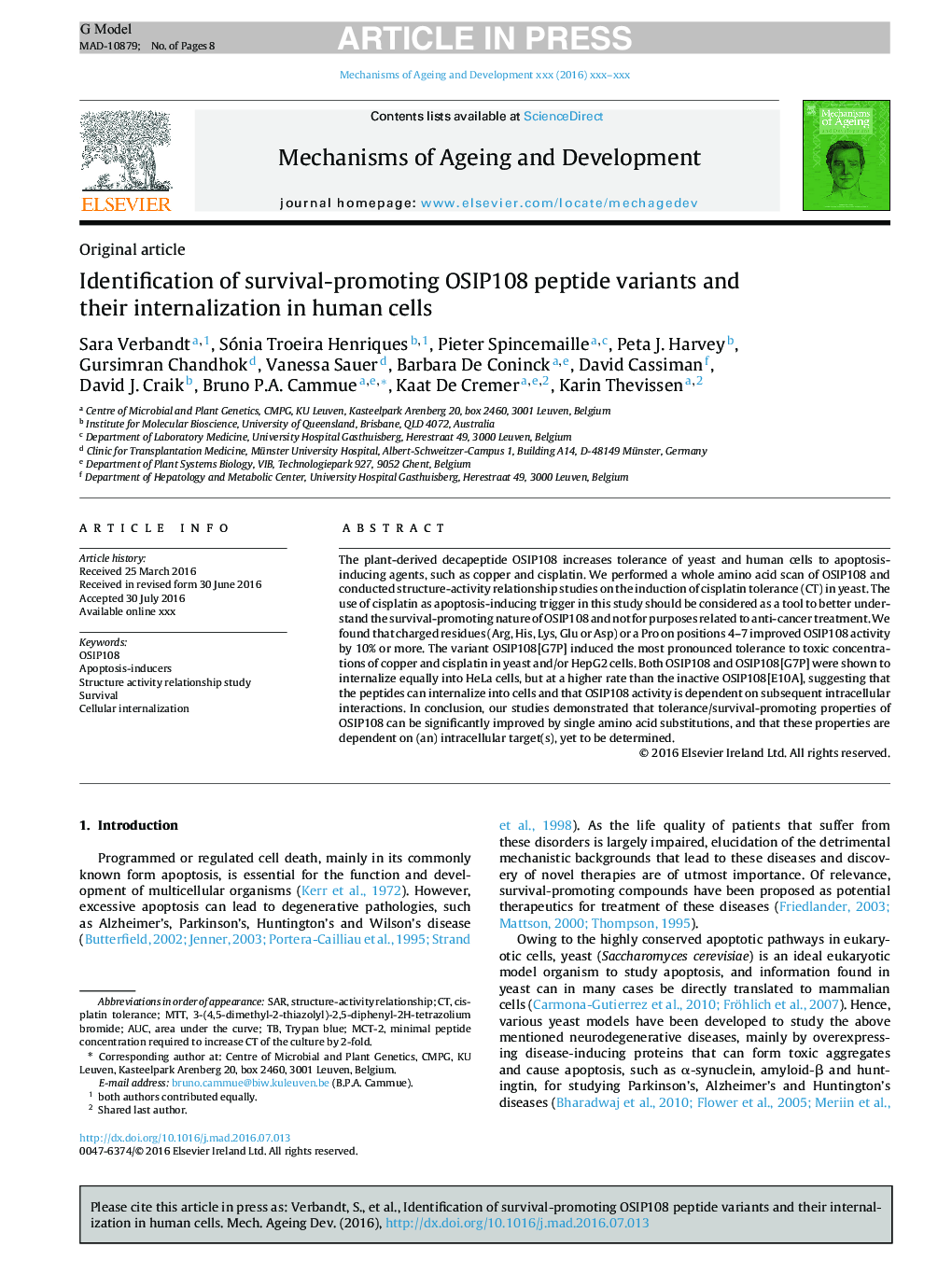 Identification of survival-promoting OSIP108 peptide variants and their internalization in human cells