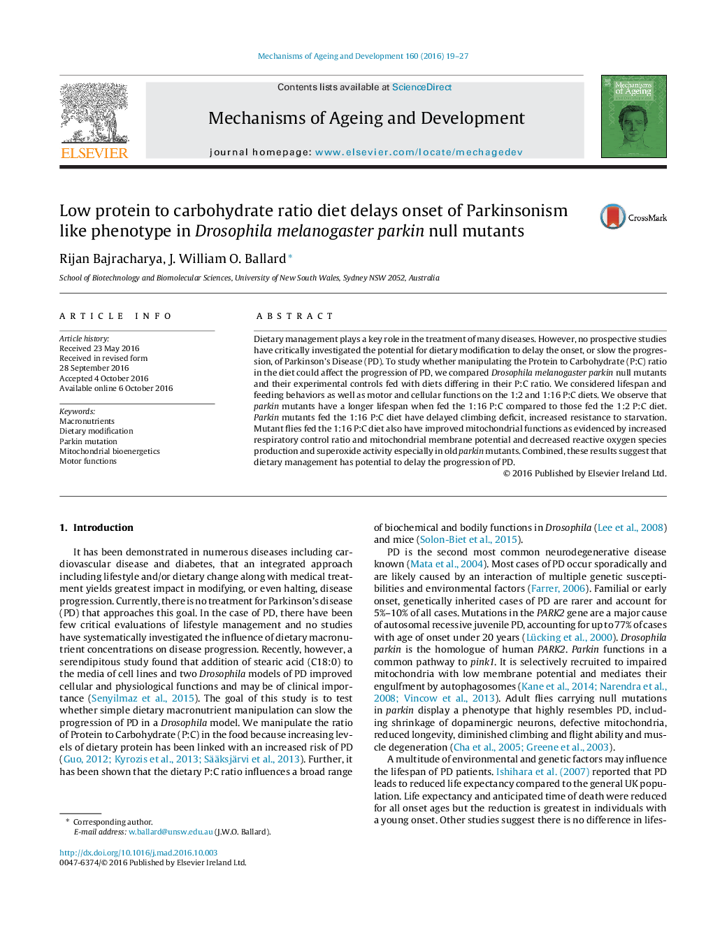 Low protein to carbohydrate ratio diet delays onset of Parkinsonism like phenotype in Drosophila melanogaster parkin null mutants