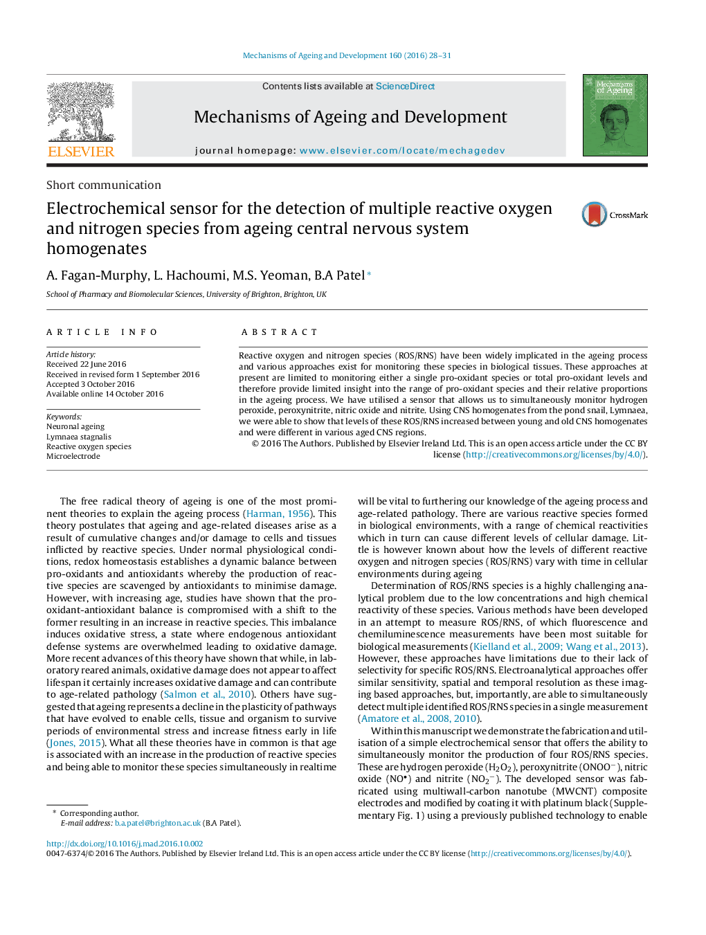 Electrochemical sensor for the detection of multiple reactive oxygen and nitrogen species from ageing central nervous system homogenates