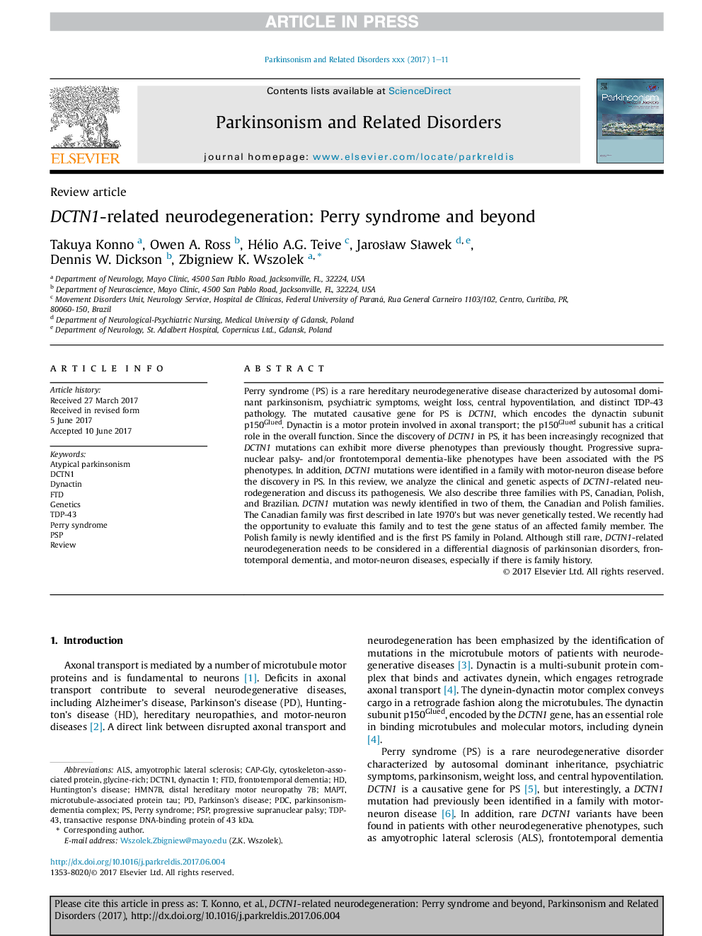 DCTN1-related neurodegeneration: Perry syndrome and beyond