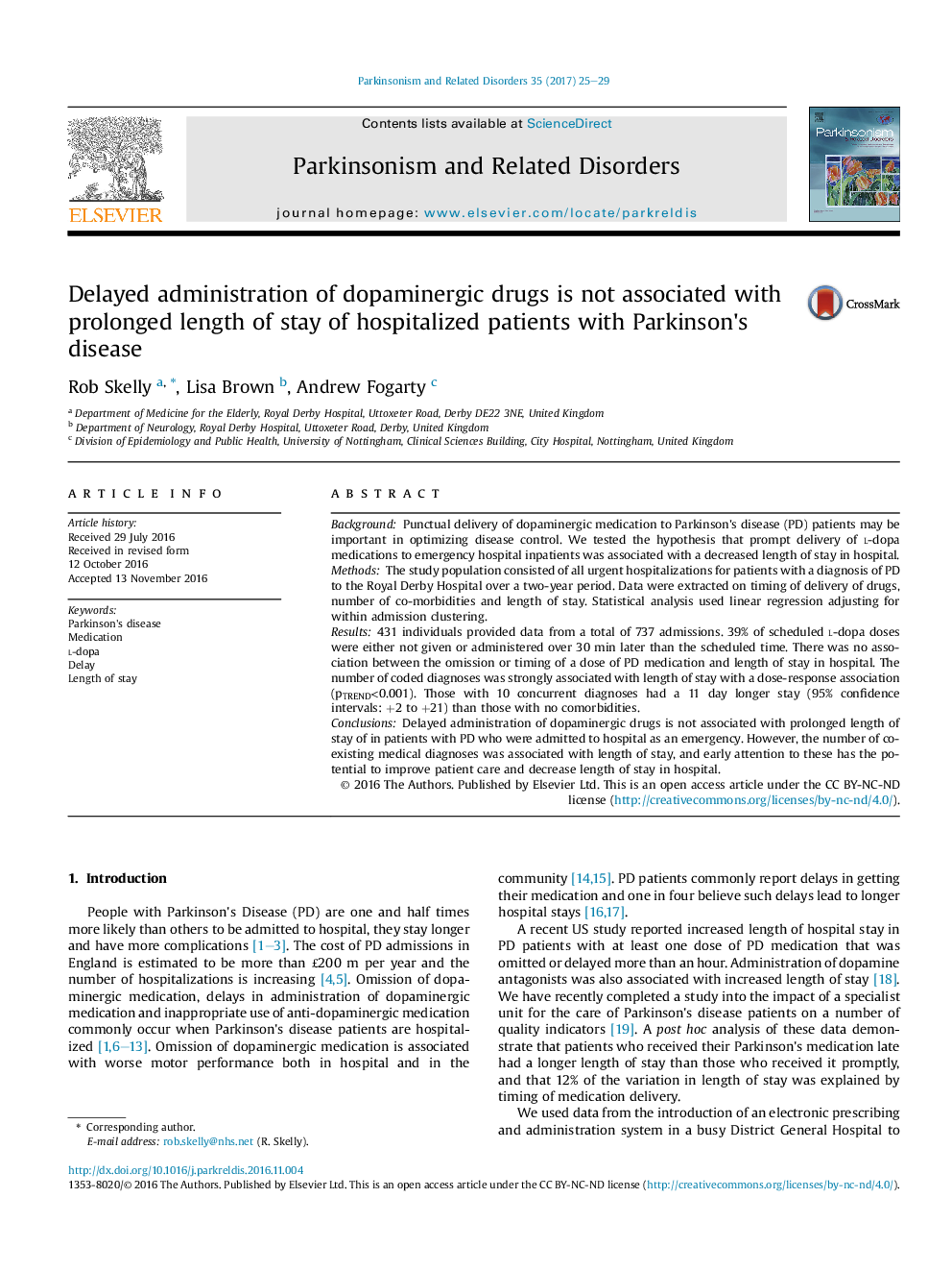 Delayed administration of dopaminergic drugs is not associated with prolonged length of stay of hospitalized patients with Parkinson's disease