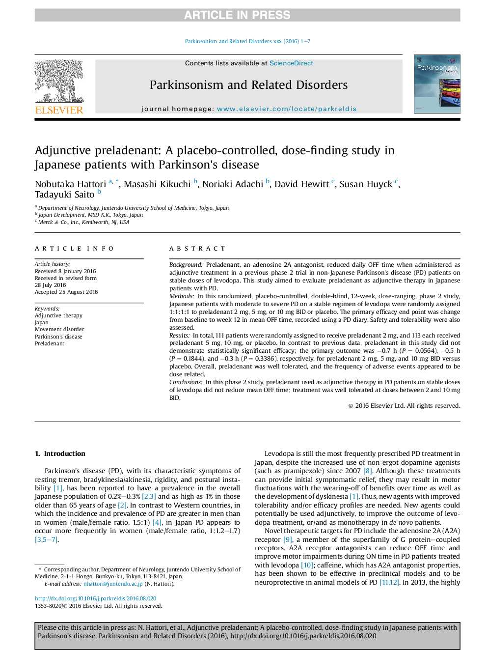 Adjunctive preladenant: A placebo-controlled, dose-finding study in Japanese patients with Parkinson's disease