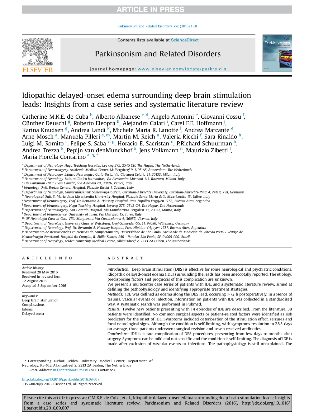 Idiopathic delayed-onset edema surrounding deep brain stimulation leads: Insights from a case series and systematic literature review