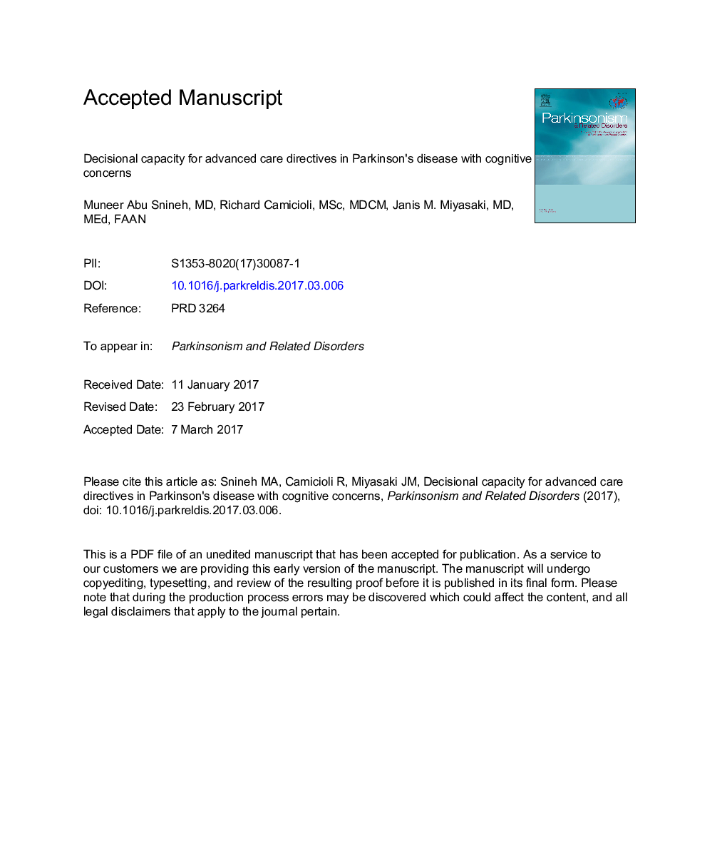 Decisional capacity for advanced care directives in Parkinson's disease with cognitive concerns