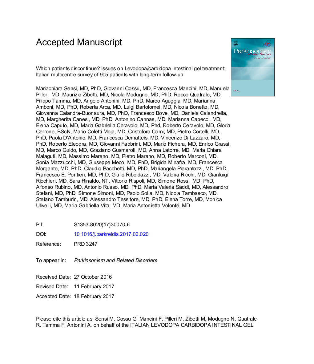 Which patients discontinue? Issues on Levodopa/carbidopa intestinal gel treatment: Italian multicentre survey of 905 patients with long-term follow-up