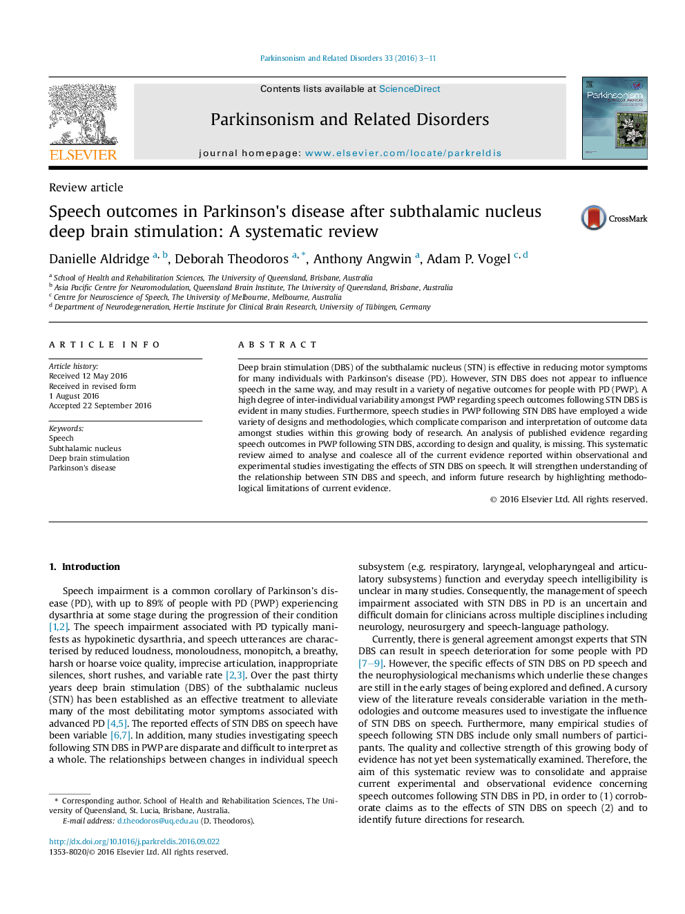 Speech outcomes in Parkinson's disease after subthalamic nucleus deep brain stimulation: A systematic review