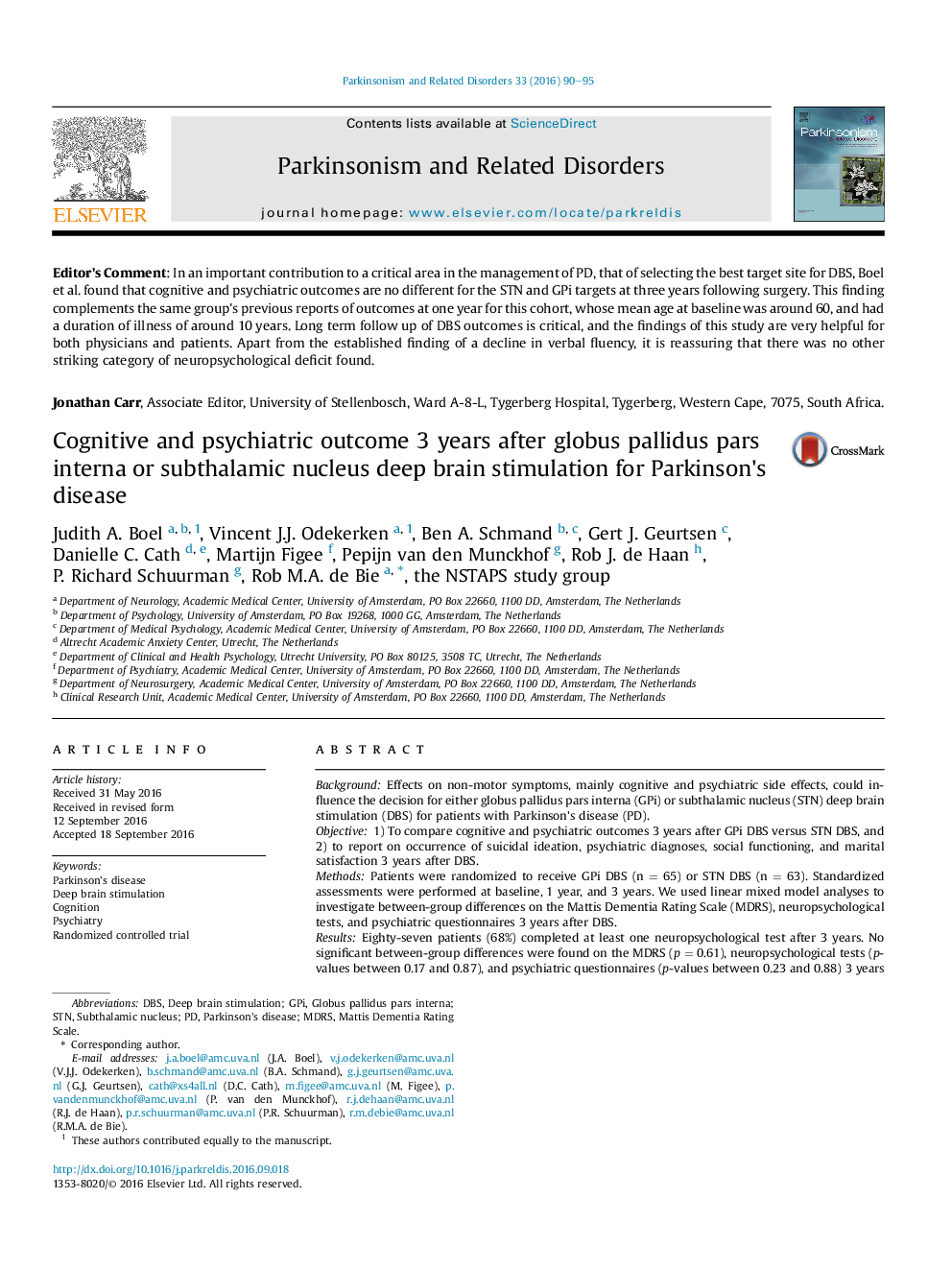 Cognitive and psychiatric outcome 3 years after globus pallidus pars interna or subthalamic nucleus deep brain stimulation for Parkinson's disease