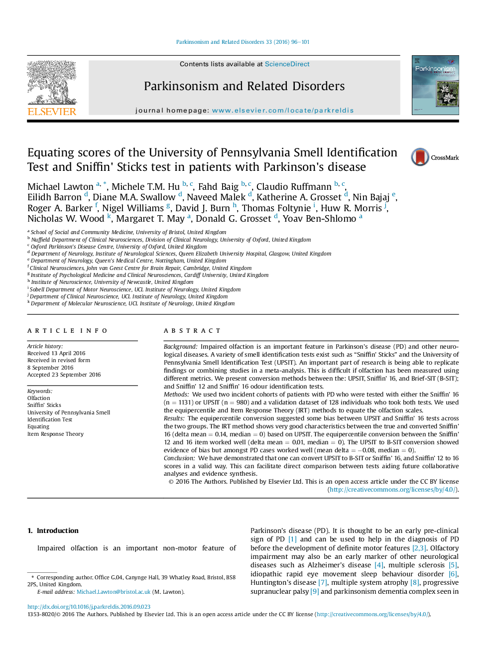 Equating scores of the University of Pennsylvania Smell Identification Test and Sniffin' Sticks test in patients with Parkinson's disease