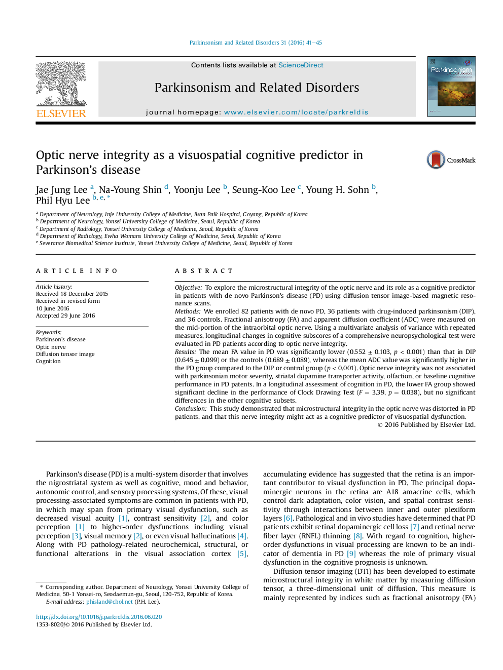 Optic nerve integrity as a visuospatial cognitive predictor in Parkinson's disease