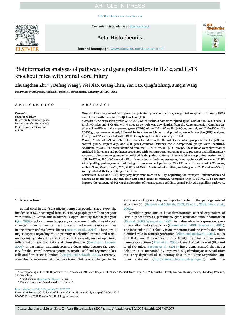 Bioinformatics analyses of pathways and gene predictions in IL-1Î± and IL-1Î² knockout mice with spinal cord injury