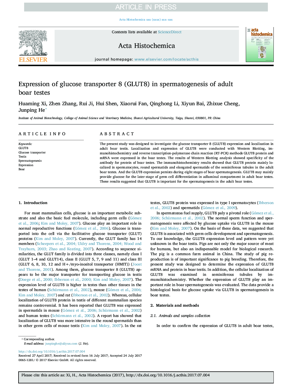 Expression of glucose transporter 8 (GLUT8) in spermatogenesis of adult boar testes