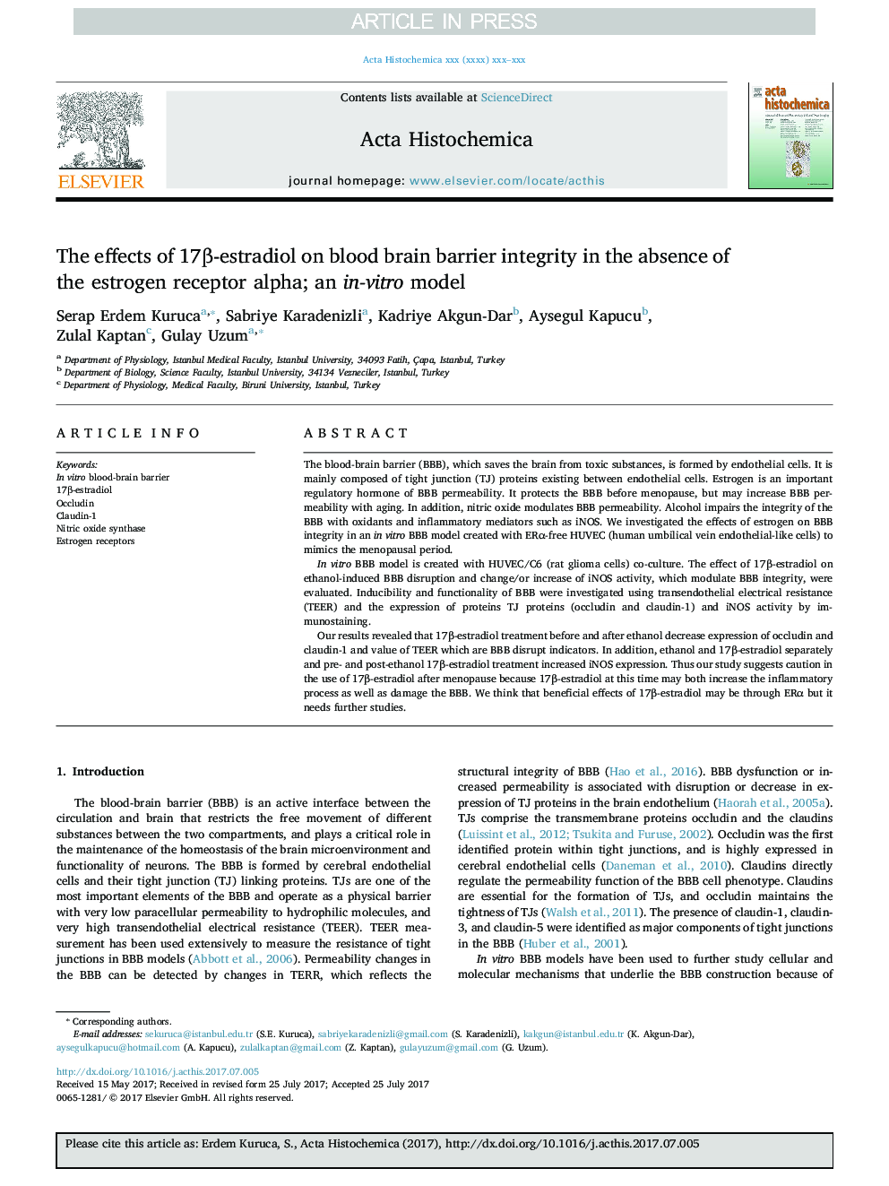 The effects of 17Î²-estradiol on blood brain barrier integrity in the absence of the estrogen receptor alpha; an in-vitro model
