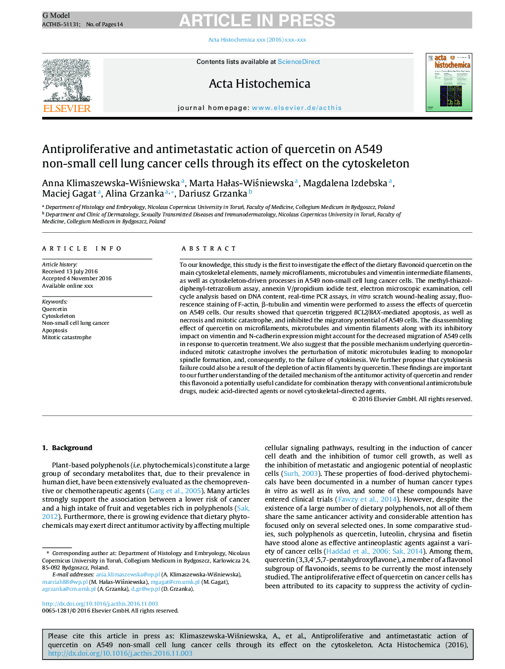 Antiproliferative and antimetastatic action of quercetin on A549 non-small cell lung cancer cells through its effect on the cytoskeleton