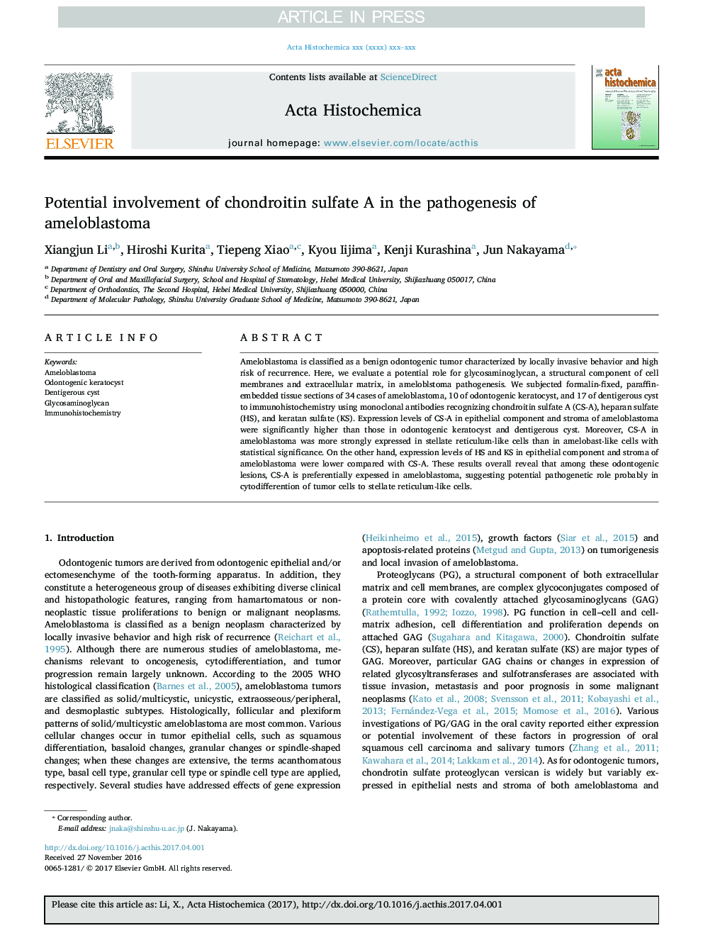 Potential involvement of chondroitin sulfate A in the pathogenesis of ameloblastoma