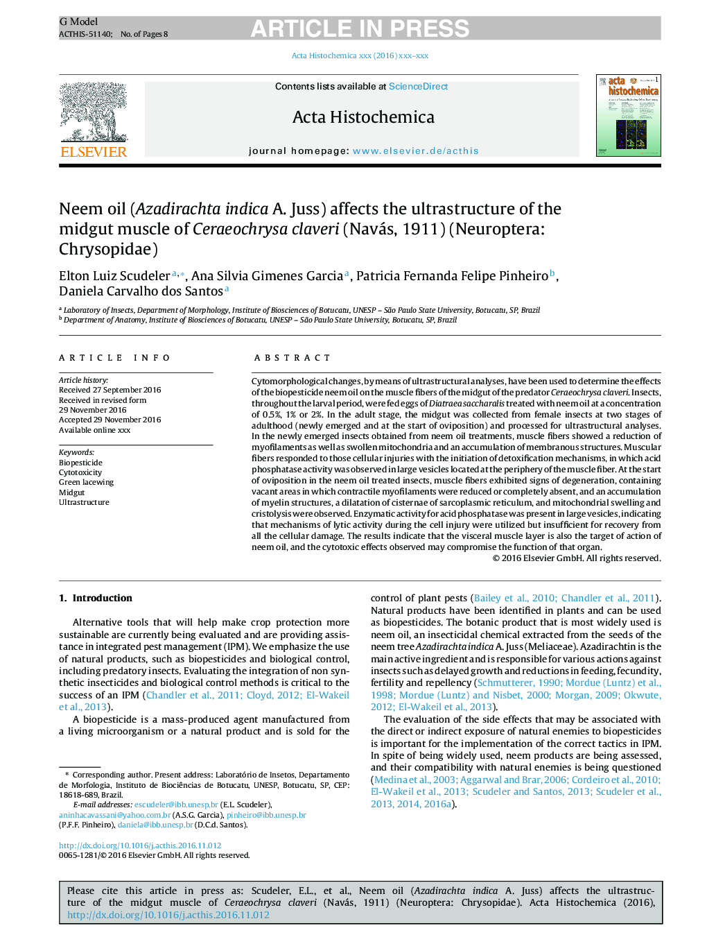 عکس صفحه اول مقاله: Neem oil (Azadirachta indica A. Juss) affects the ultrastructure of the midgut muscle of Ceraeochrysa claveri (Navás, 1911) (Neuroptera: Chrysopidae) Neem oil (Azadirachta indica A. Juss) affects the ultrastructure of the midgut muscle of Ceraeochrysa claveri (Navás, 1911) (Neuroptera: Chrysopidae)