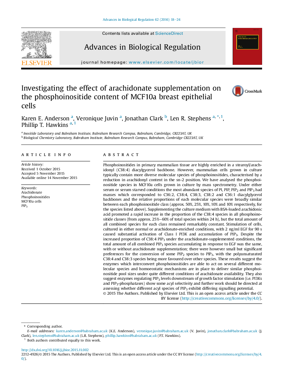 Investigating the effect of arachidonate supplementation on the phosphoinositide content of MCF10a breast epithelial cells