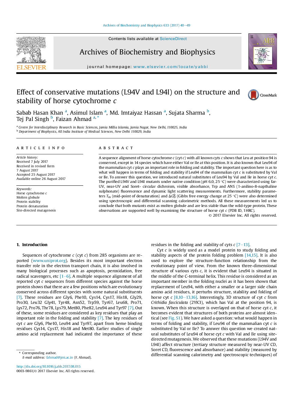 Effect of conservative mutations (L94V and L94I) on the structure and stability of horse cytochrome c